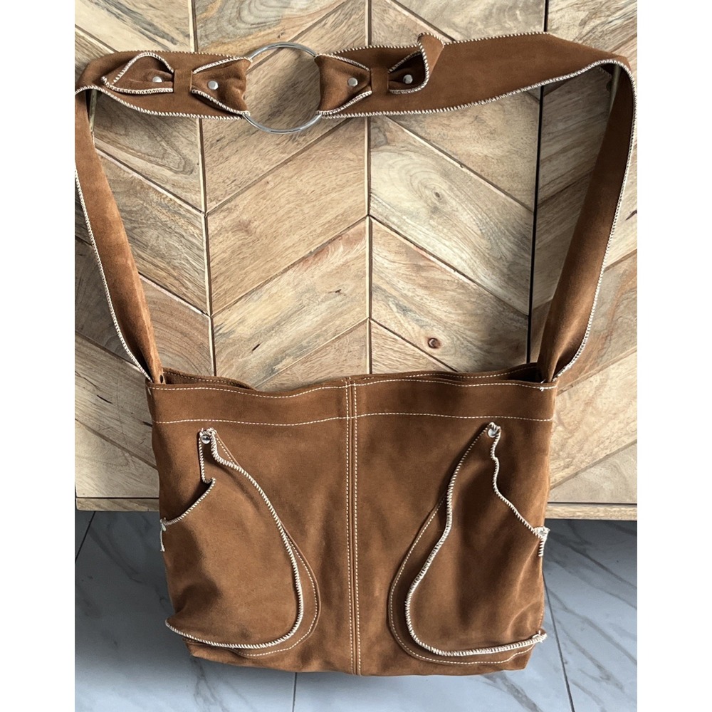 Handmade Suede Leather Wide Strap Crossbody Bag Brown Slouchy Artisan Boho UK - Picture 7 of 16